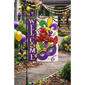 Mardi Gras Garden Flag Welcome Sign Crawfish Mask Fleur-de-Lis 12 x 18